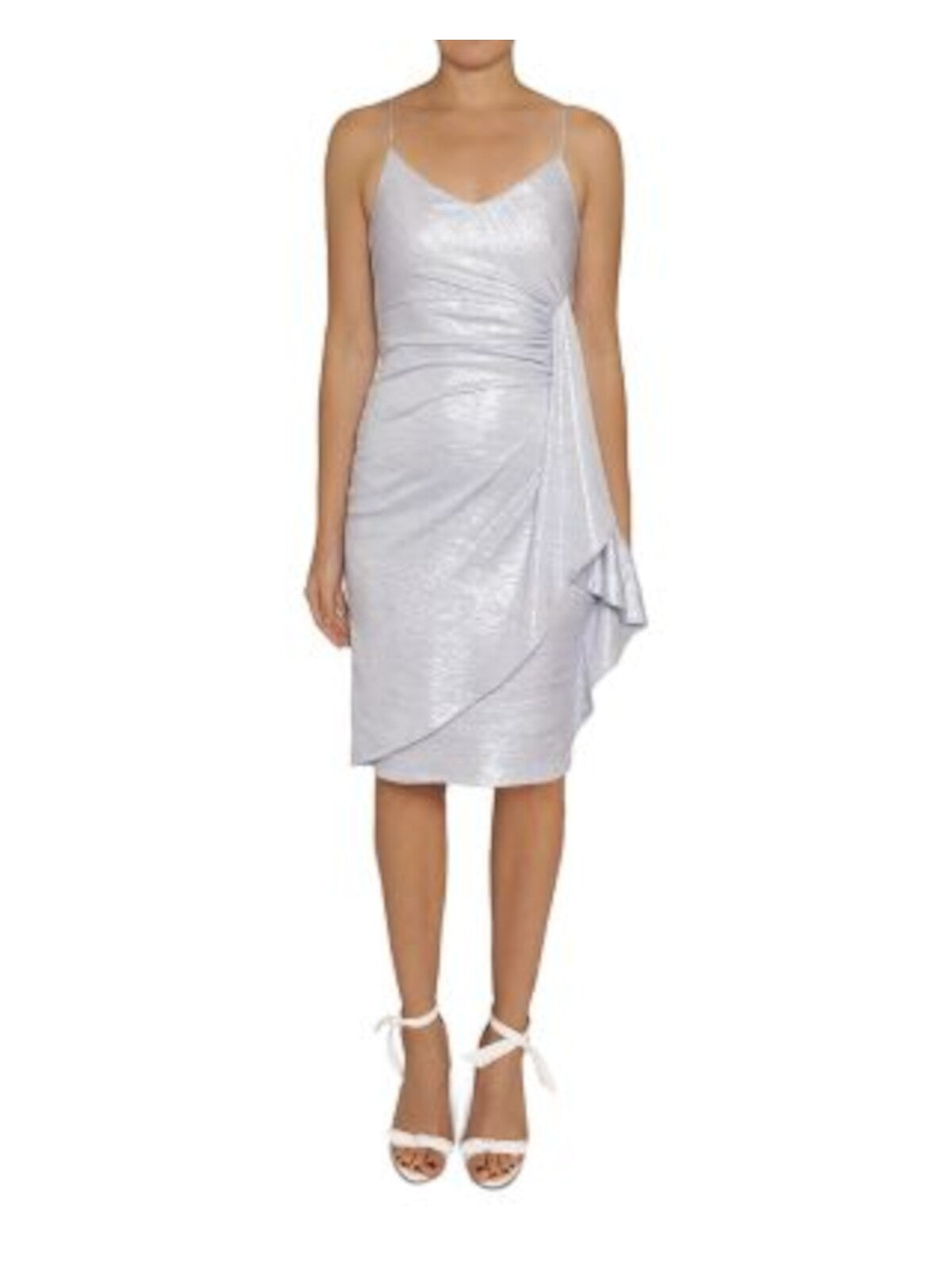 BLACK HALO Womens Light Blue Metallic Gathered Drape Front Zippered Speckle Spaghetti Strap V Neck Knee Length Cocktail Sheath Dress 8
