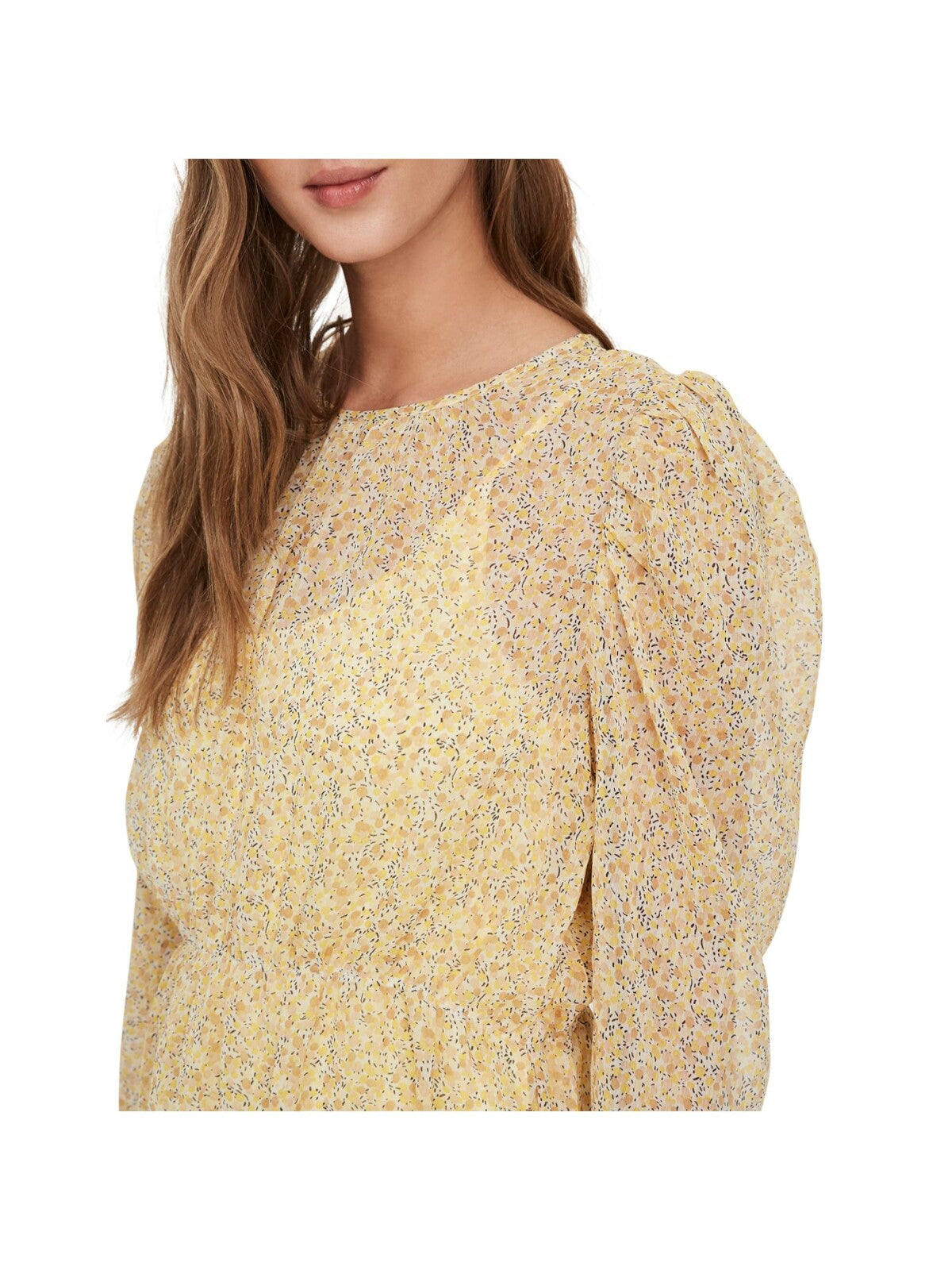 AWARE BY VERA MODA Womens Yellow Printed Pouf Sleeve Peplum Top M