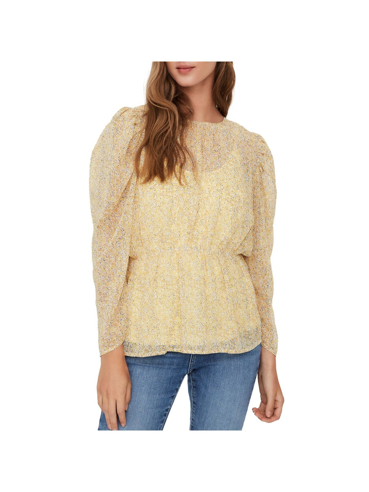 AWARE BY VERA MODA Womens Yellow Printed Pouf Sleeve Peplum Top M