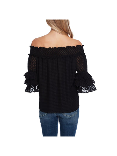 CECE Womens Stretch Smocked Ruffled Lined 3/4 Sleeve Off Shoulder Top