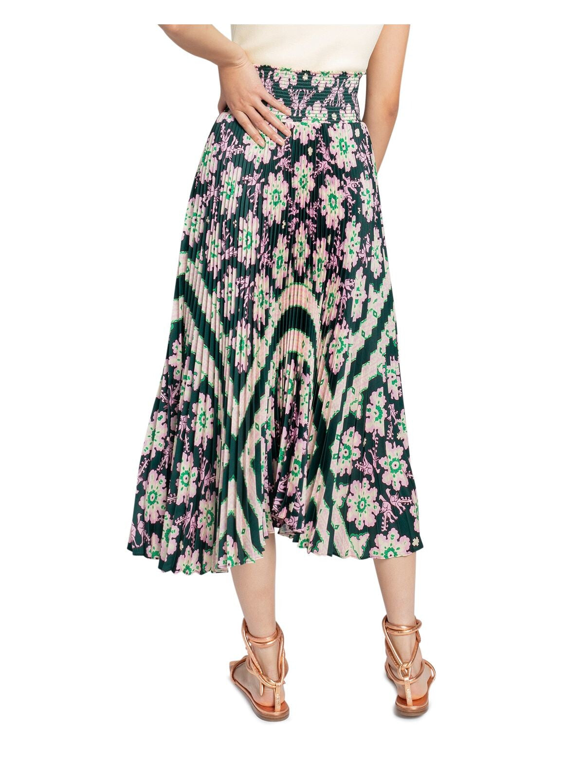 A.L.C Womens Green Stretch Smocked Pleated Floral Maxi A-Line Skirt 4