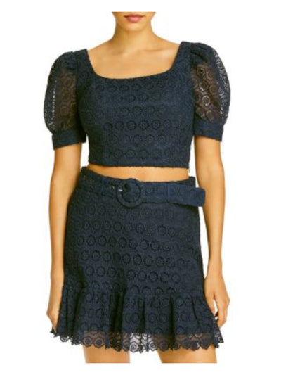 AQUA Womens Navy Lace Floral Pouf Square Neck Crop Top S