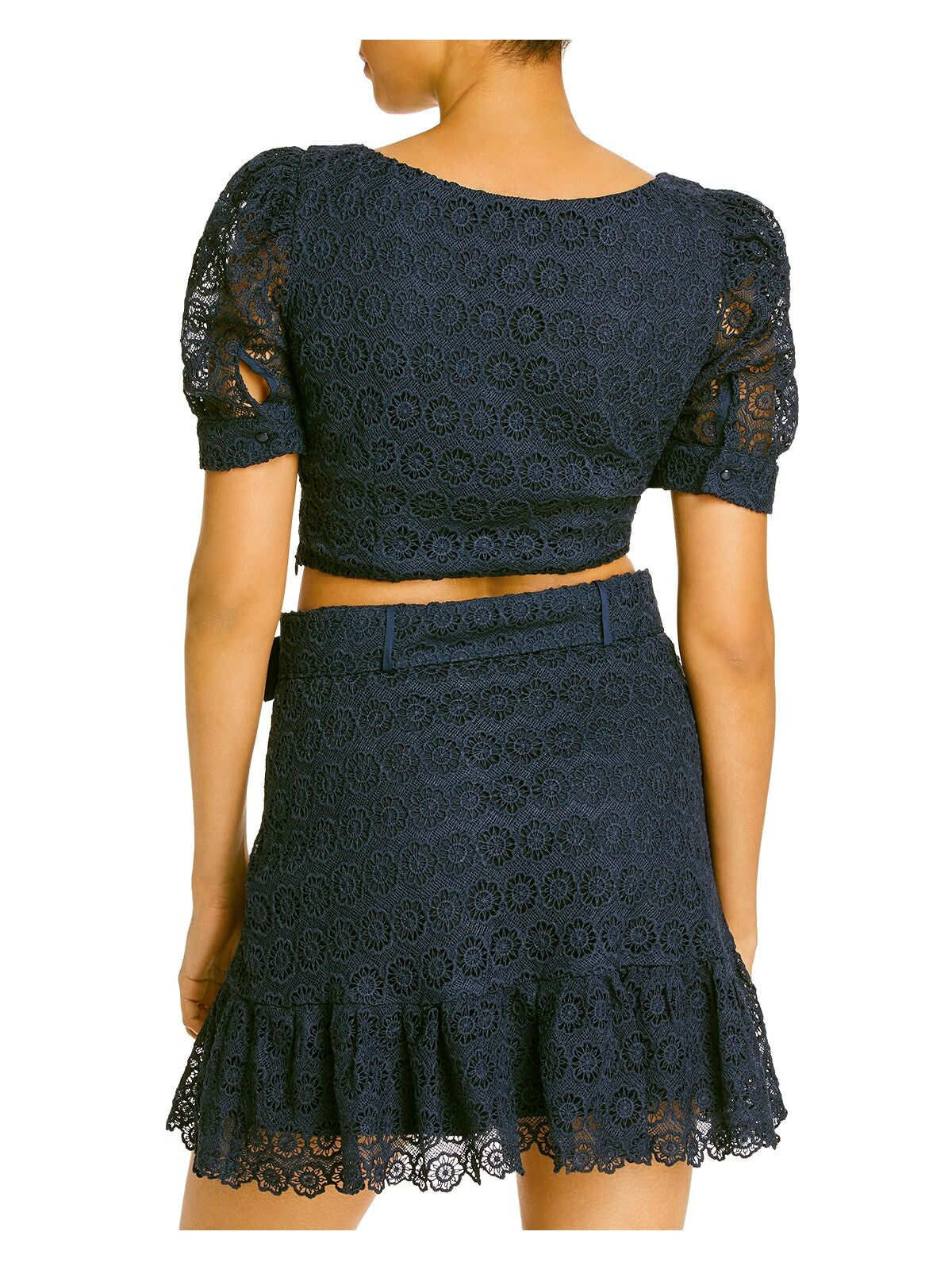 AQUA Womens Navy Lace Floral Pouf Square Neck Crop Top S