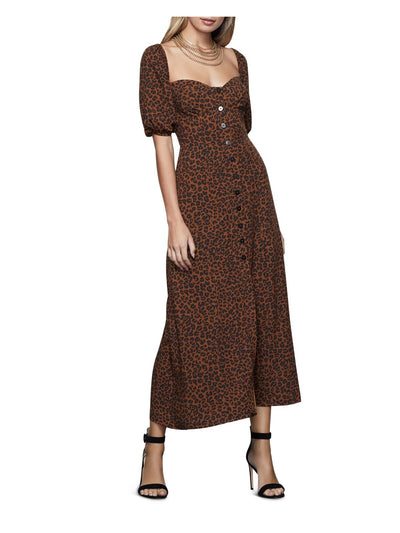 GOOD AMERICAN Womens Brown Smocked Fitted Corset Animal Print Pouf Sleeve Sweetheart Neckline Maxi Party Fit + Flare Dress 0
