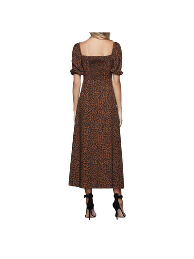 GOOD AMERICAN Womens Brown Smocked Fitted Corset Animal Print Pouf Sleeve Sweetheart Neckline Maxi Party Fit + Flare Dress 0