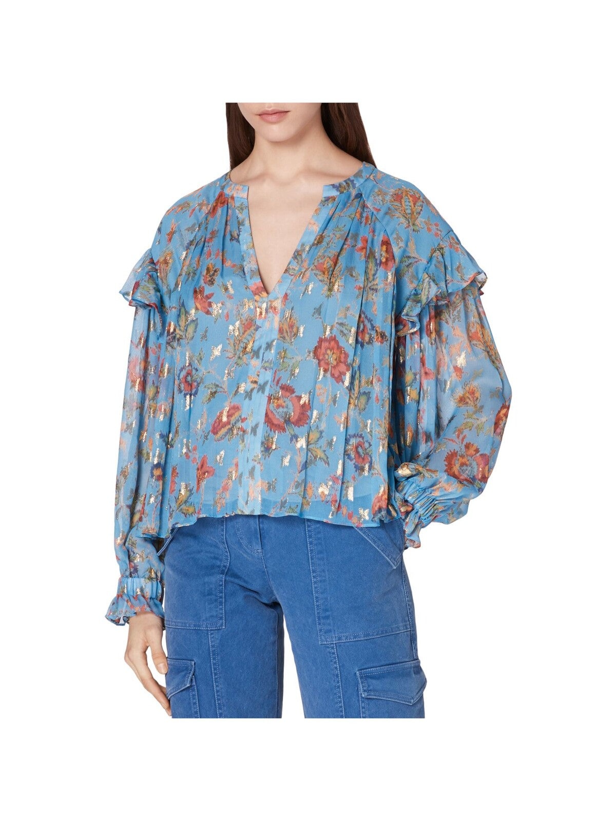 DEREK LAM 10 CROSBY Womens Blue Ruffled Metallic Pleated Floral Long Sleeve Split Blouse 0