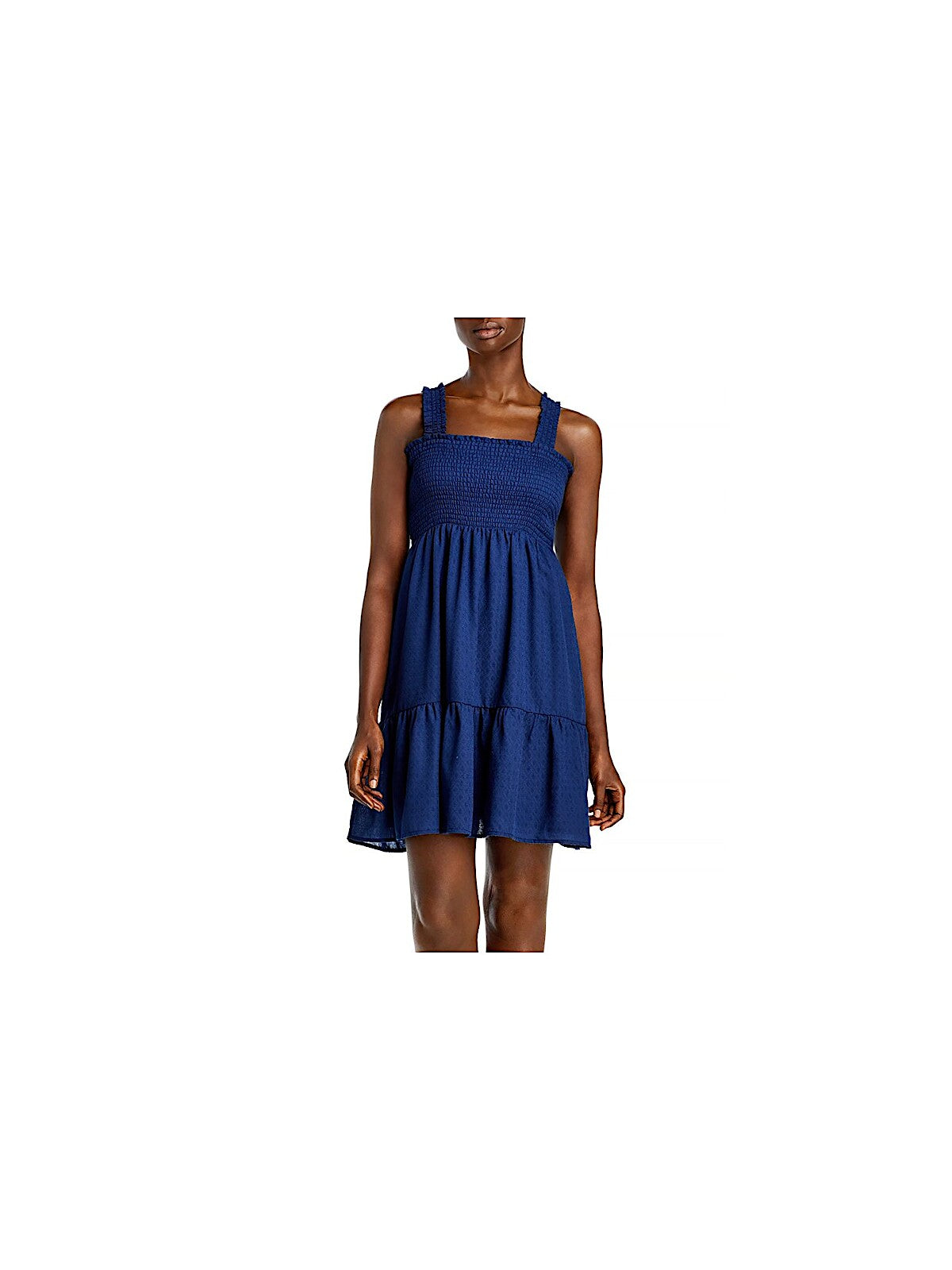 AQUA Womens Navy Textured Ruffled Smocked Tiered Sleeveless Square Neck Short Empire Waist Dress Plus 1X