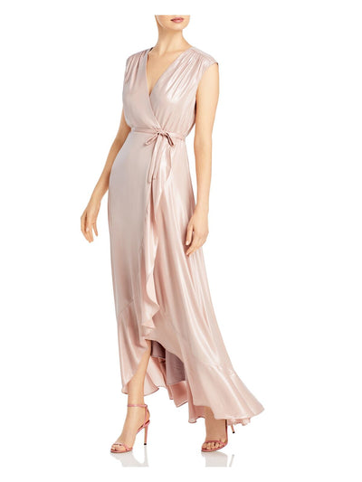 AQUA FORMAL Womens Pink Stretch Metallic Tie Lined Sleeveless Surplice Neckline Full-Length Evening Wrap Dress 4