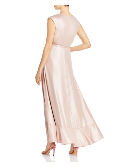 AQUA FORMAL Womens Pink Stretch Metallic Tie Lined Sleeveless Surplice Neckline Full-Length Evening Wrap Dress 4