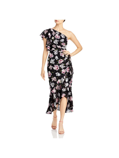 AQUA FORMAL Womens Black Ruffled Zippered Boning In Bodice Floral Flutter Sleeve Asymmetrical Neckline Maxi Evening Faux Wrap Dress 0