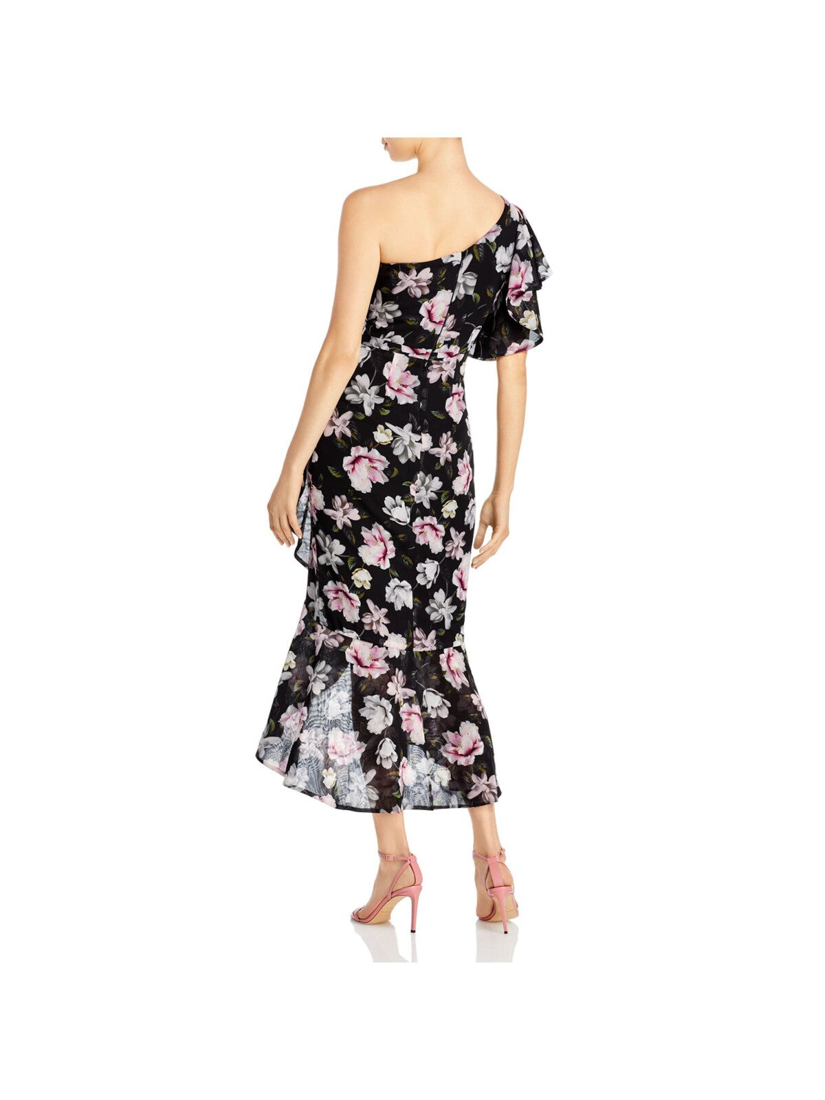 AQUA FORMAL Womens Ruffled Flutter Sleeve Asymmetrical Neckline Maxi Evening Faux Wrap Dress