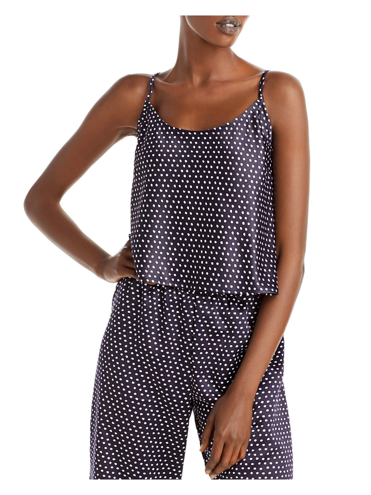 AQUA Womens Navy Razer Polka Dot Spaghetti Strap Crop Top Size: L