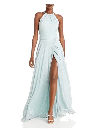 AQUA FORMAL Womens Pleated Metallic Crinkled Gown Sleeveless Halter Full-Length Formal Dress