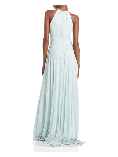 AQUA FORMAL Womens Aqua Pleated Metallic Crinkled Gown Sleeveless Halter Full-Length Formal Dress 0