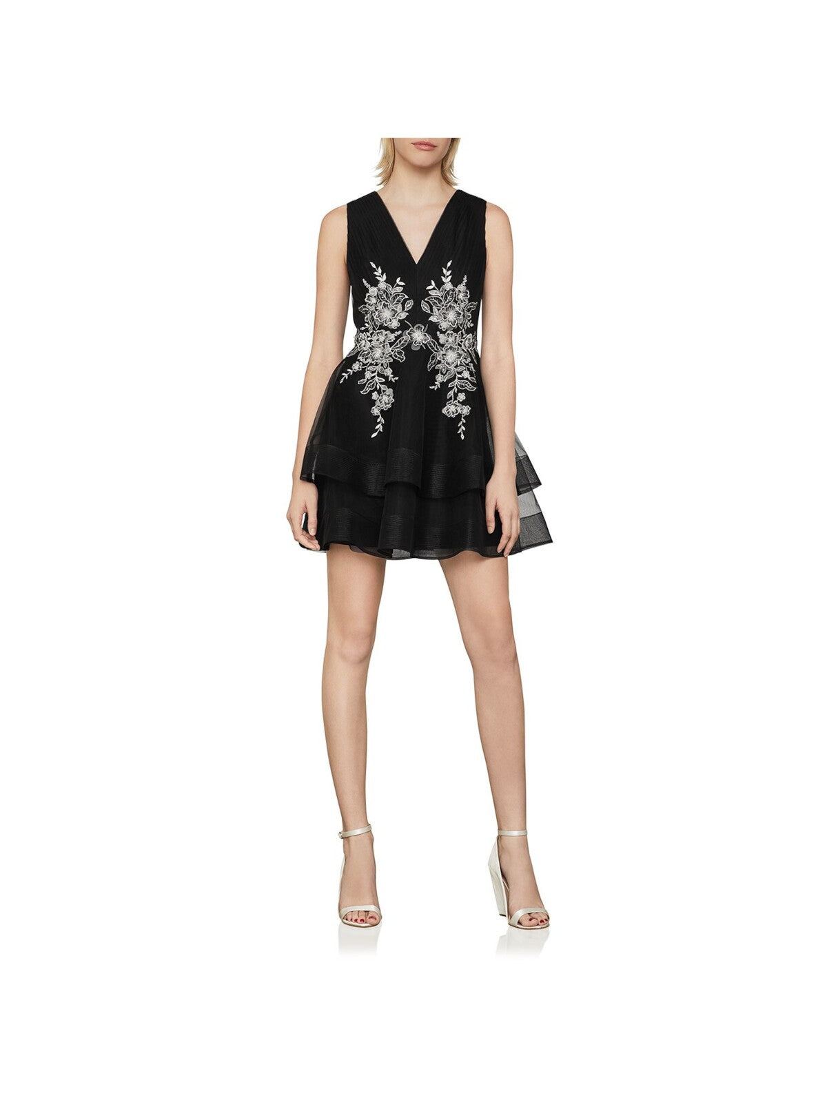 BCBG MAXAZRIA Womens Mesh Embroidered Zippered Sleeveless V Neck Mini Party Ruffled Dress