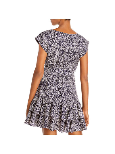 REBECCA TAYLOR Womens Navy Belted Ruffled Animal Print Cap Sleeve Crew Neck Mini Fit + Flare Dress 4