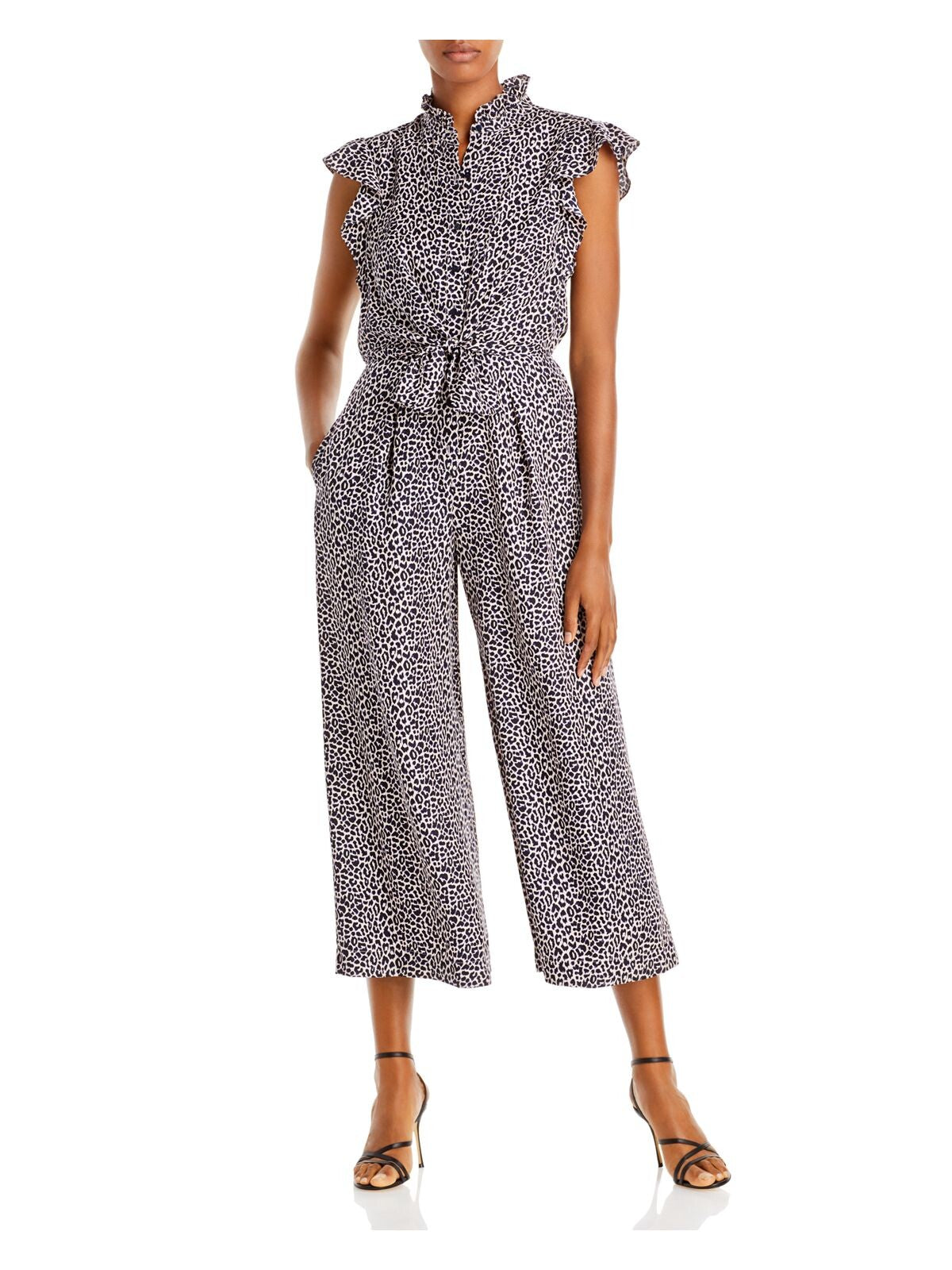 REBECCA TAYLOR Womens Navy Animal Print Flutter Mock Cropped Jumpsuit 8