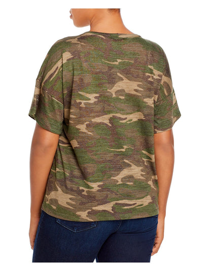 LNA CLOTHING Womens Green Sheer Camouflage Short Sleeve Crew Neck T-Shirt Plus 1X
