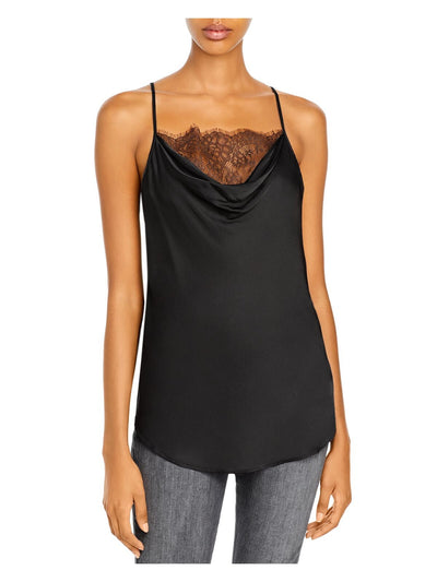 7 FOR ALL MANKIND Womens Black Lace Curved Hem Spaghetti Strap Cowl Neck Top S