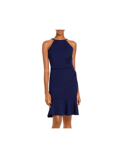 AQUA Womens Navy Pleated Ruffle Hem Halter Above The Knee Cocktail Sheath Dress 12