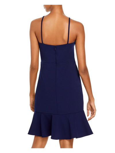 AQUA Womens Navy Pleated Ruffle Hem Halter Above The Knee Cocktail Sheath Dress 12