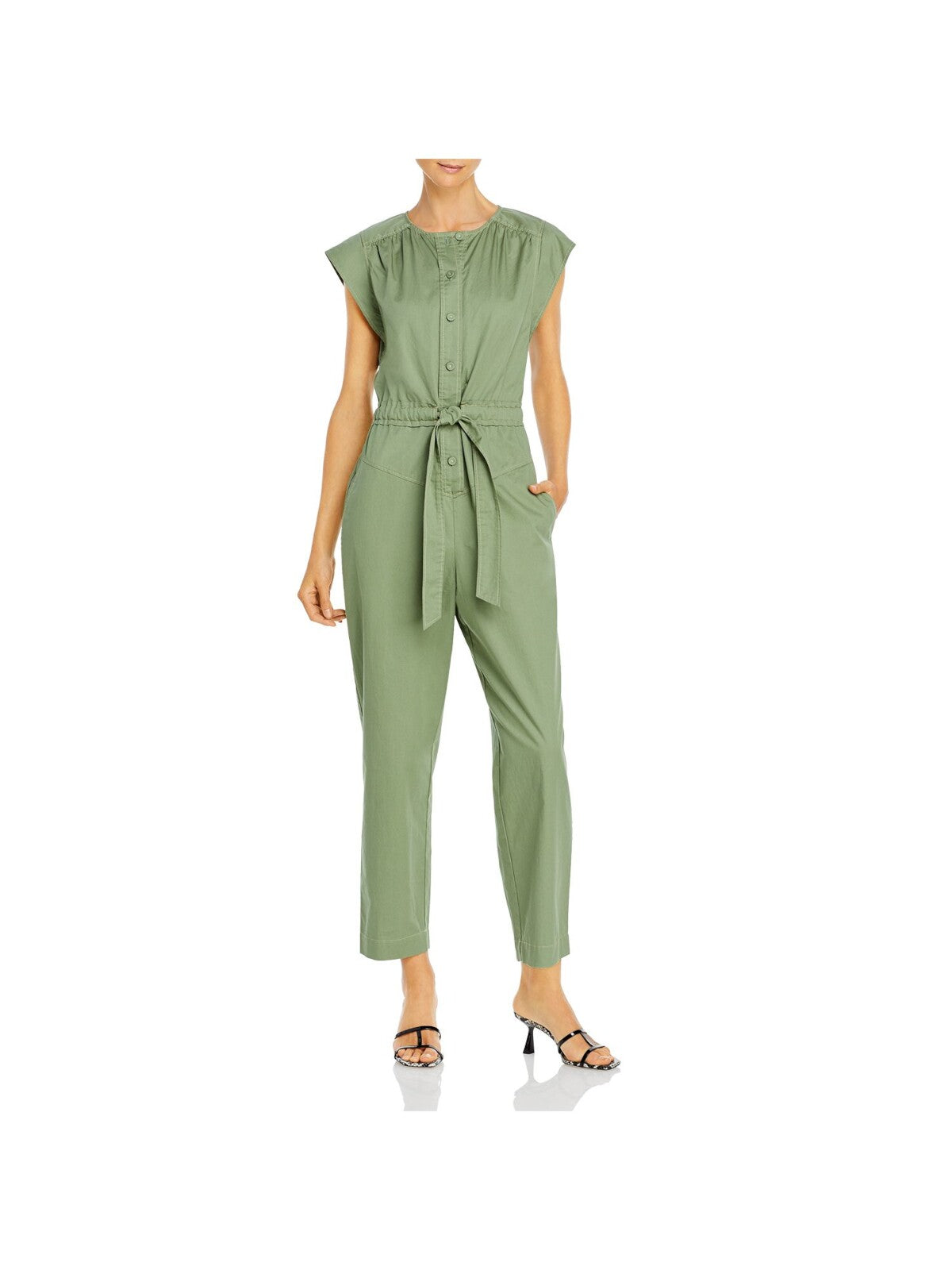 REBECCA TAYLOR Womens Green Pocketed Tie Button Pleated Drawstring Cap Sleeve Jewel Neck Wear To Work Jumpsuit XS