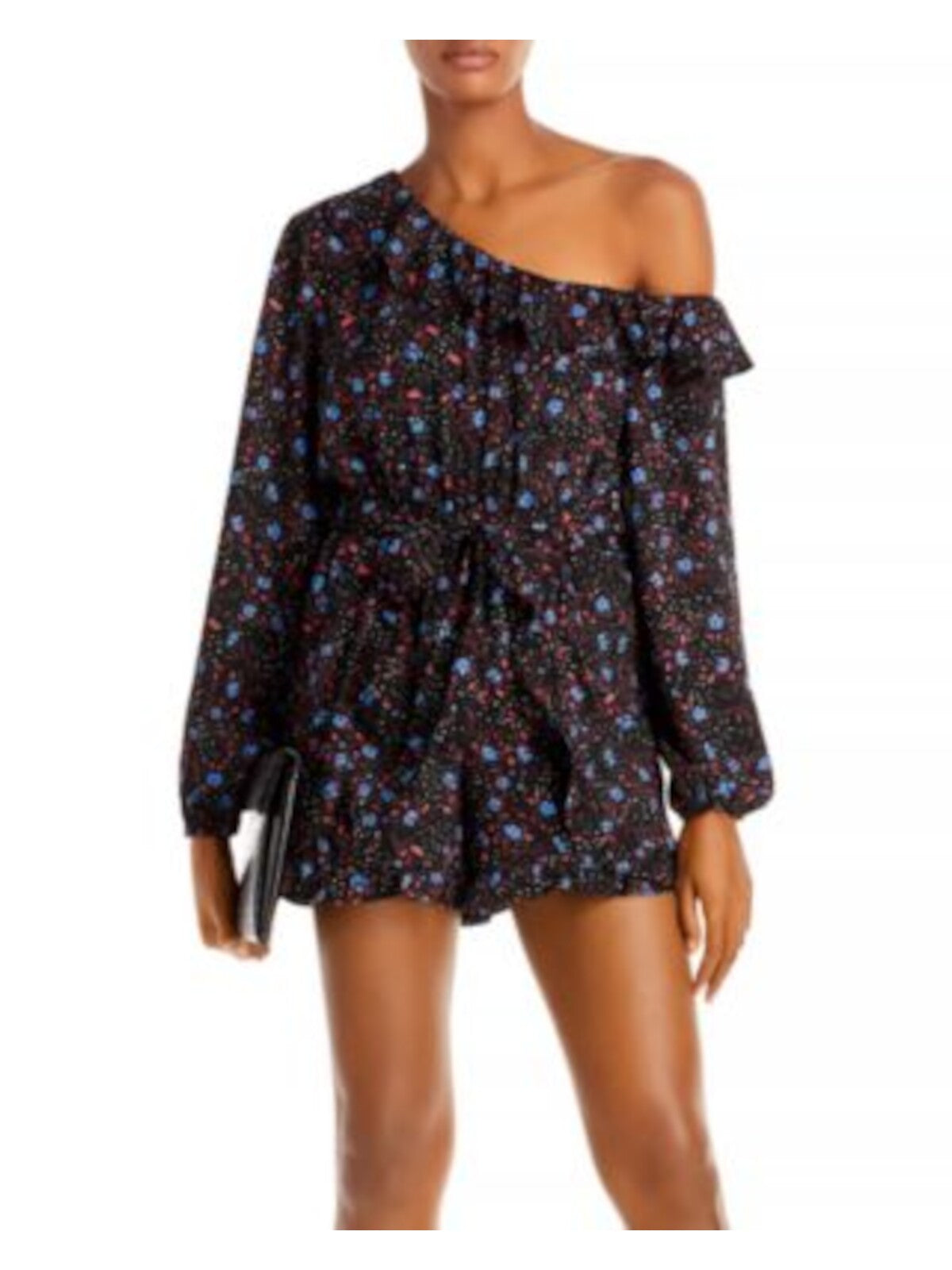 AQUA Womens Black Belted Floral Long Sleeve Off Shoulder Romper S