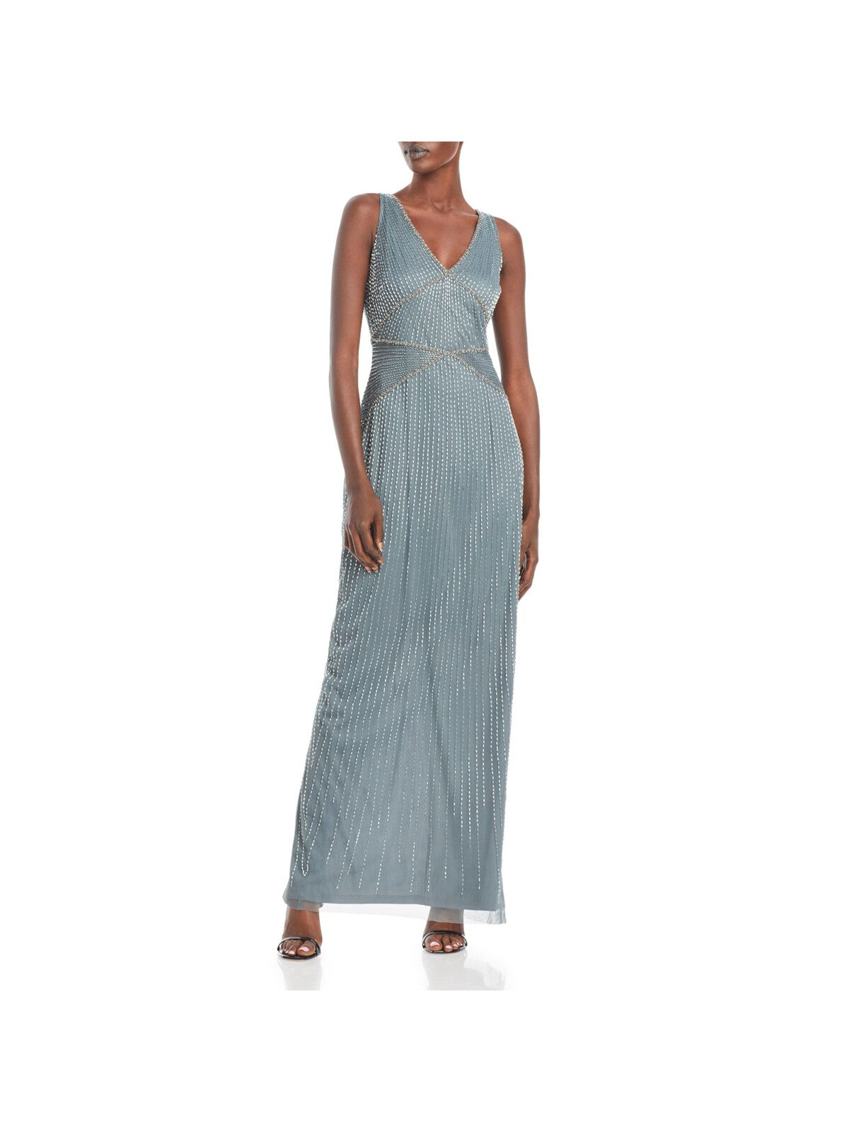 ADRIANNA PAPELL Womens Gray Embellished Zippered Sleeveless V Neck Maxi Evening Sheath Dress 4