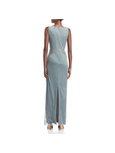 ADRIANNA PAPELL Womens Gray Embellished Zippered Sleeveless V Neck Maxi Evening Sheath Dress 4