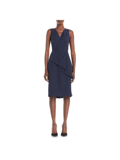 ELIZA J Womens Navy Stretch Zippered Pleated Peplum Front Sleeveless Surplice Neckline Knee Length Party Sheath Dress 4