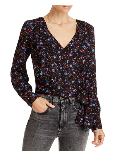 AQUA Womens Black Floral Long Sleeve V Neck Wrap Top Size: XS