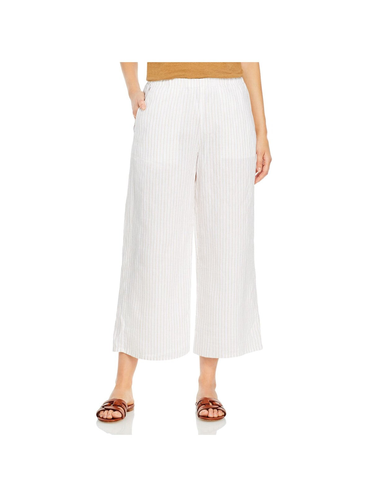 EILEEN FISHER Womens White Pocketed Elastic Waist Pull On Pinstripe Cropped Pants L