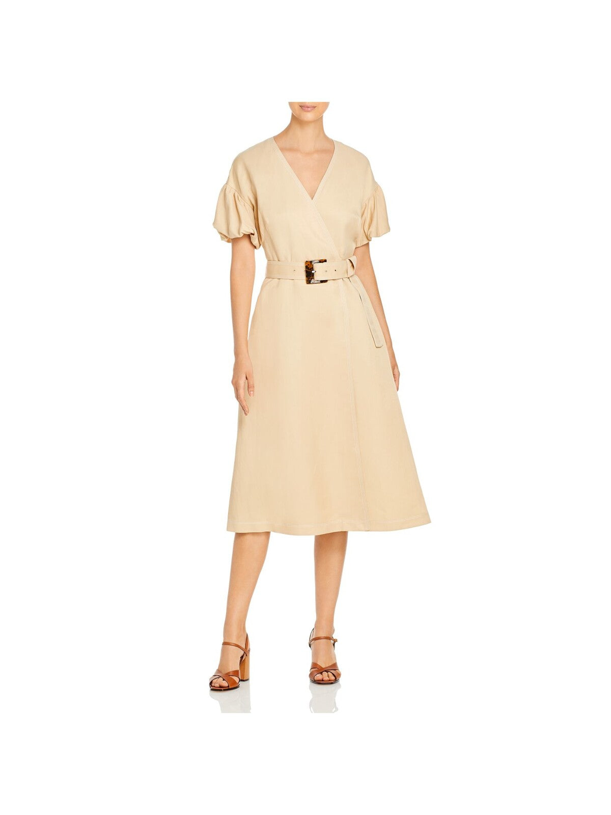 LAFAYETTE 148 Womens Beige Belted Darted Side Pockets Button Front Closur Short Sleeve V Neck Knee Length Party Faux Wrap Dress M
