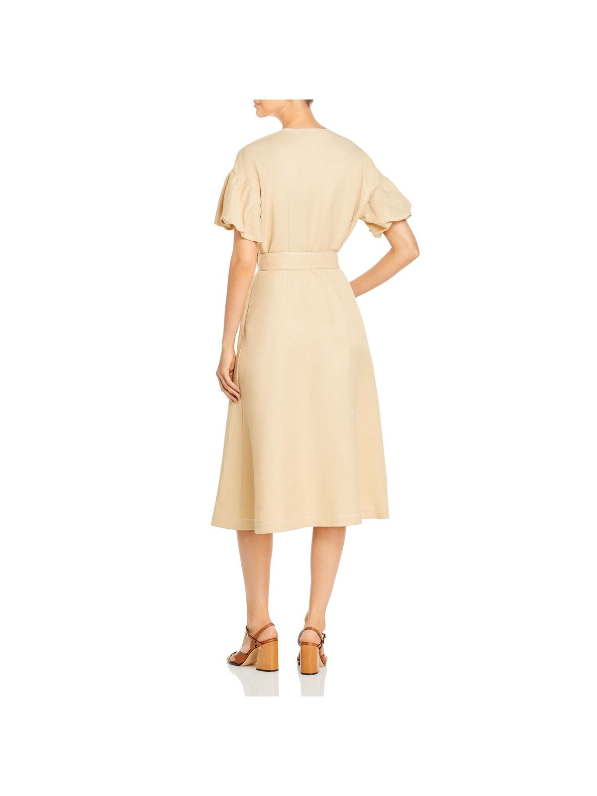 LAFAYETTE 148 Womens Beige Belted Darted Side Pockets Button Front Closur Short Sleeve V Neck Knee Length Party Faux Wrap Dress M