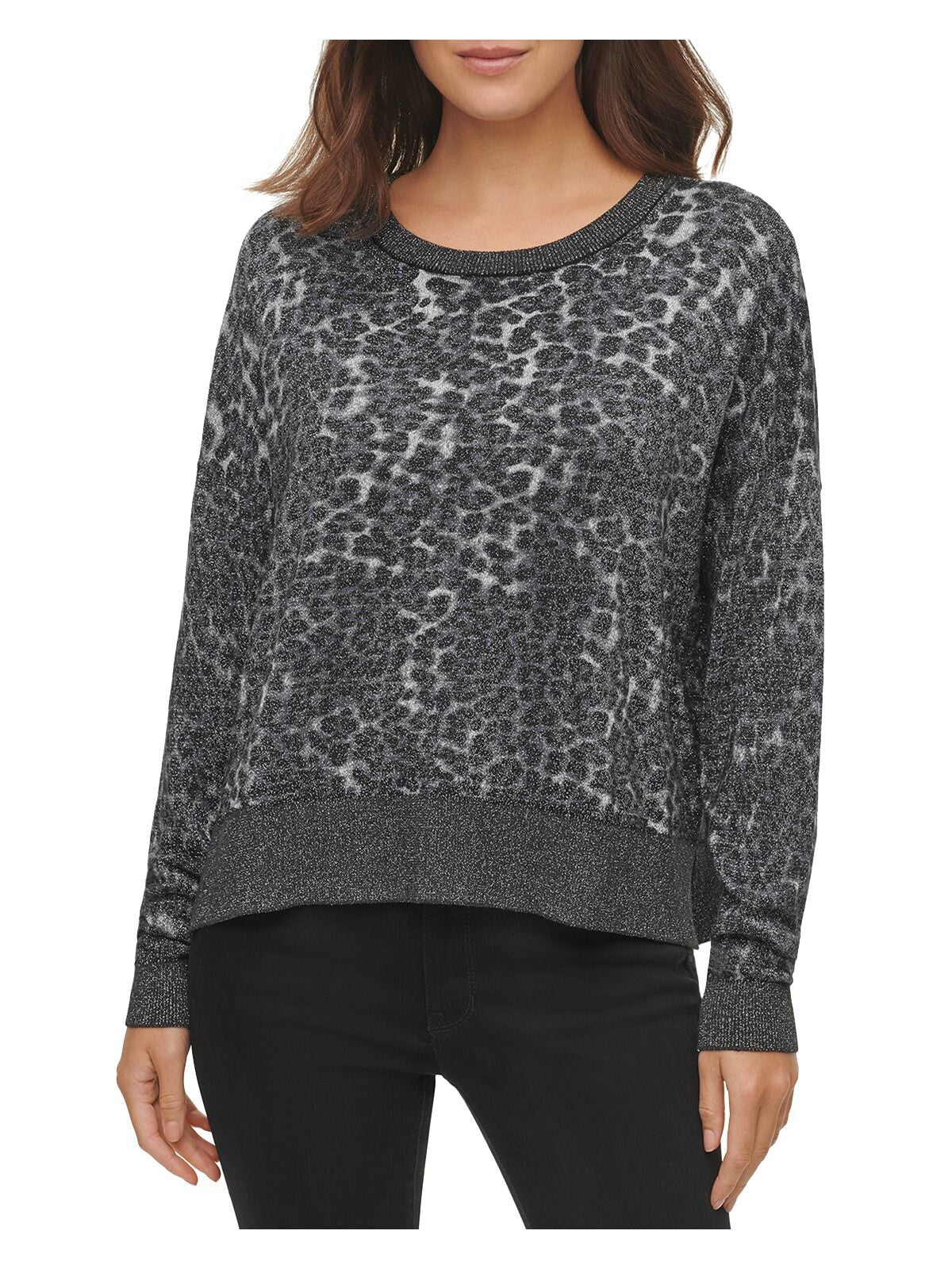 DKNY Womens Gray Metallic Ribbed Neck Cuffs Hem Animal Print Long Sleeve Crew Neck Sweater S