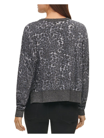 DKNY Womens Gray Metallic Ribbed Neck Cuffs Hem Animal Print Long Sleeve Crew Neck Sweater S