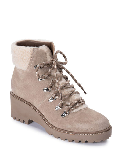 DOLCE VITA Womens Almond Beige Contrast Faux Shearling 1" Platform Padded Lug Sole Hanley Round Toe Wedge Lace-Up Leather Hiking Boots 9.5