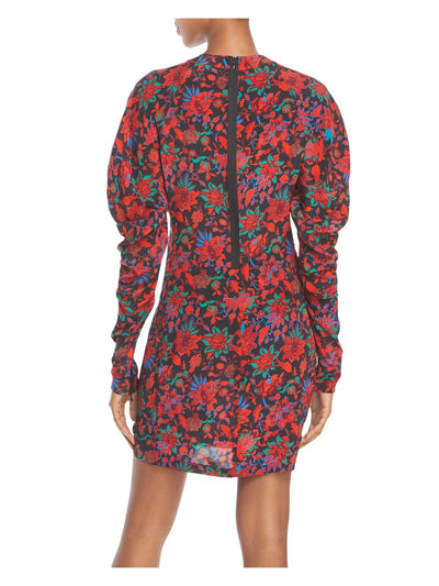 RAG & BONE Womens Red Zippered Gathered Zip Cuffs Unlined Sheer Floral Pouf Sleeve Mock Neck Short Sheath Dress 0