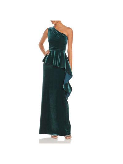 CHIARA BONI Womens Green Pleated Ruffled Velvet Sleeveless Asymmetrical Neckline Full-Length Formal Gown Dress 48