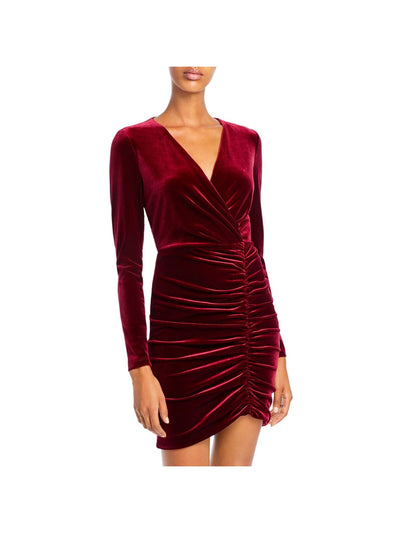 BLACK HALO Womens Burgundy Ruched Zippered Velvet Long Sleeve V Neck Mini Cocktail Sheath Dress 8