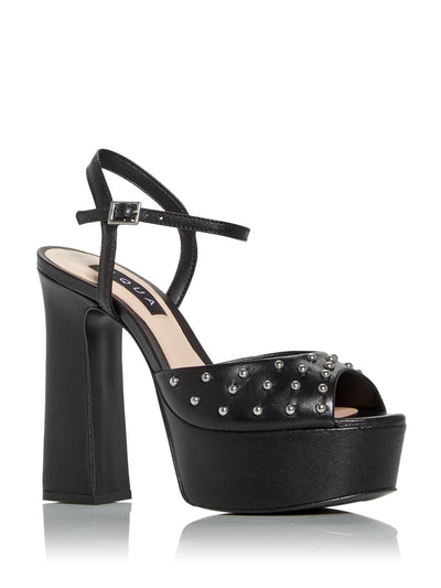 AQUA Womens Black 1-1/2" Platform Ankle Strap Studded Cullen Round Toe Block Heel Buckle Leather Dress Sandals Shoes 6.5