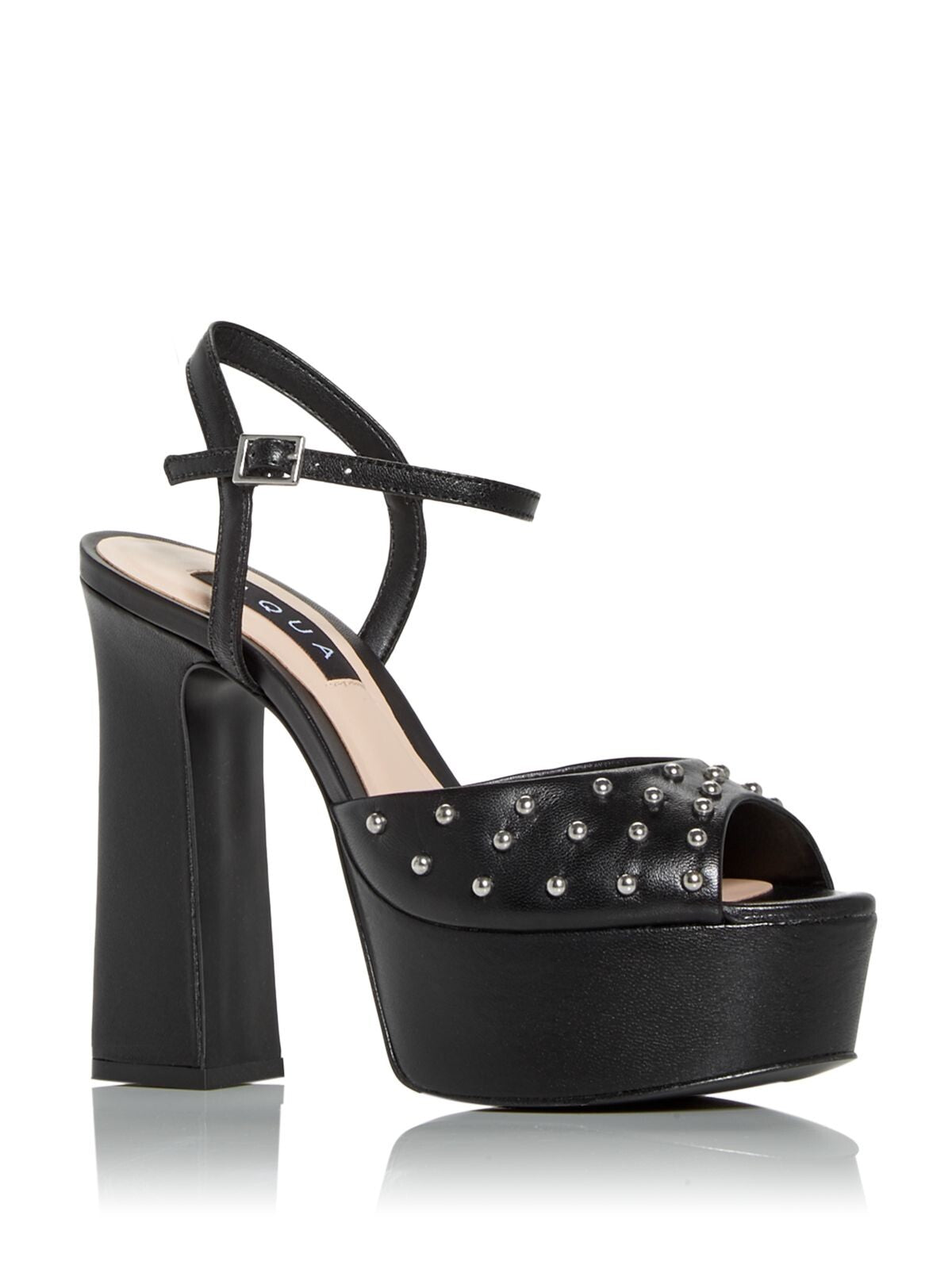 AQUA Womens Black 1-1/2" Platform Ankle Strap Studded Cullen Round Toe Block Heel Buckle Leather Dress Sandals Shoes 8 B