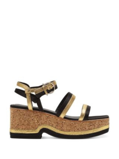 SALVATORE FERRAGAMO Womens Black Mixed Media Snake Design 1-1/2" Platformmetallic Ankle Strap Padded Mysen Square Toe Wedge Buckle Heeled Sandal 7 C