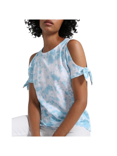 SANCTUARY Womens Blue Stretch Cold Shoulder Tie Cuff Tie Dye Short Sleeve Crew Neck T-Shirt XS