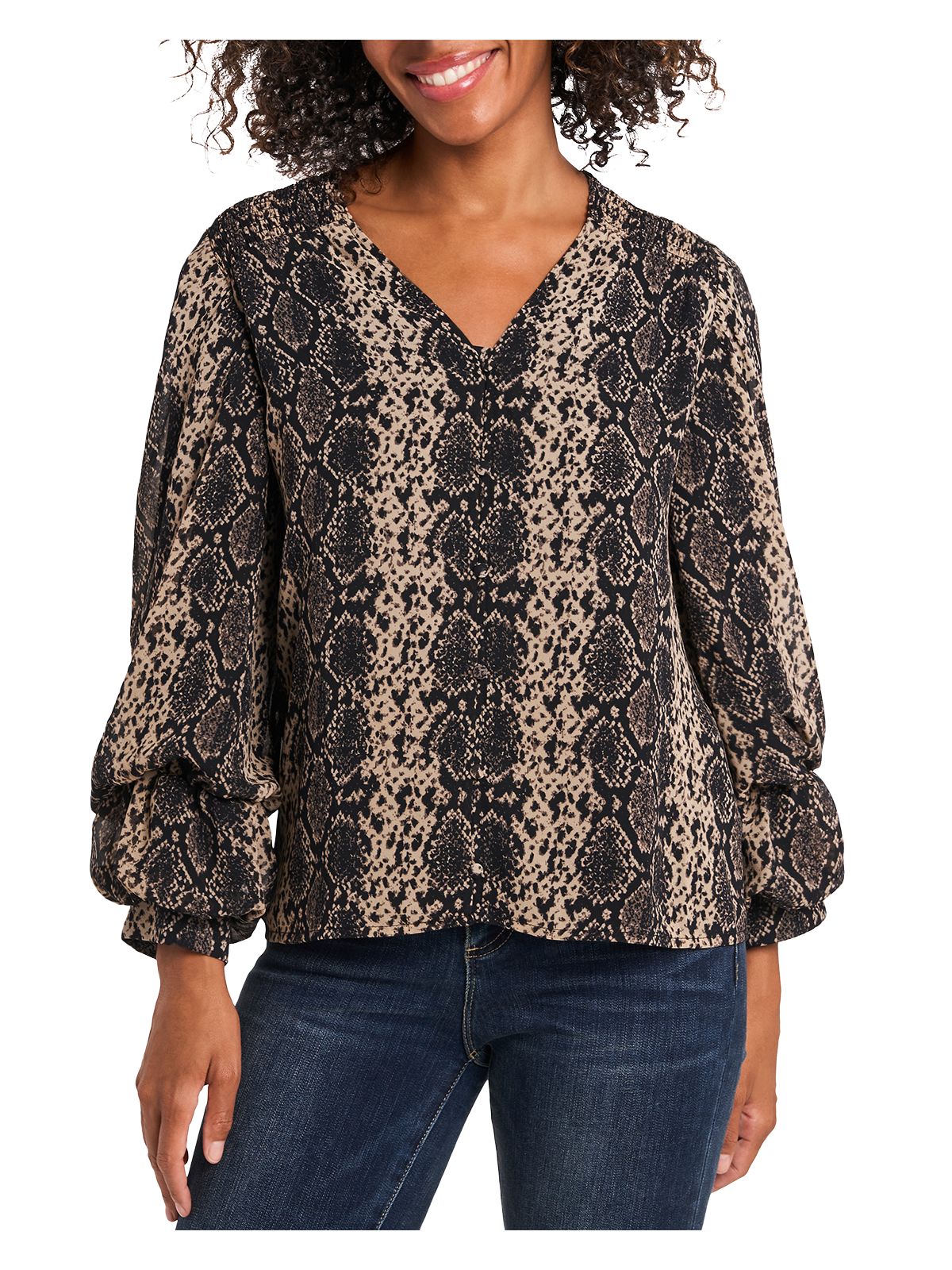 VINCE CAMUTO Womens Black Smocked Button Closure Animal Print Balloon Sleeve V Neck Top XS