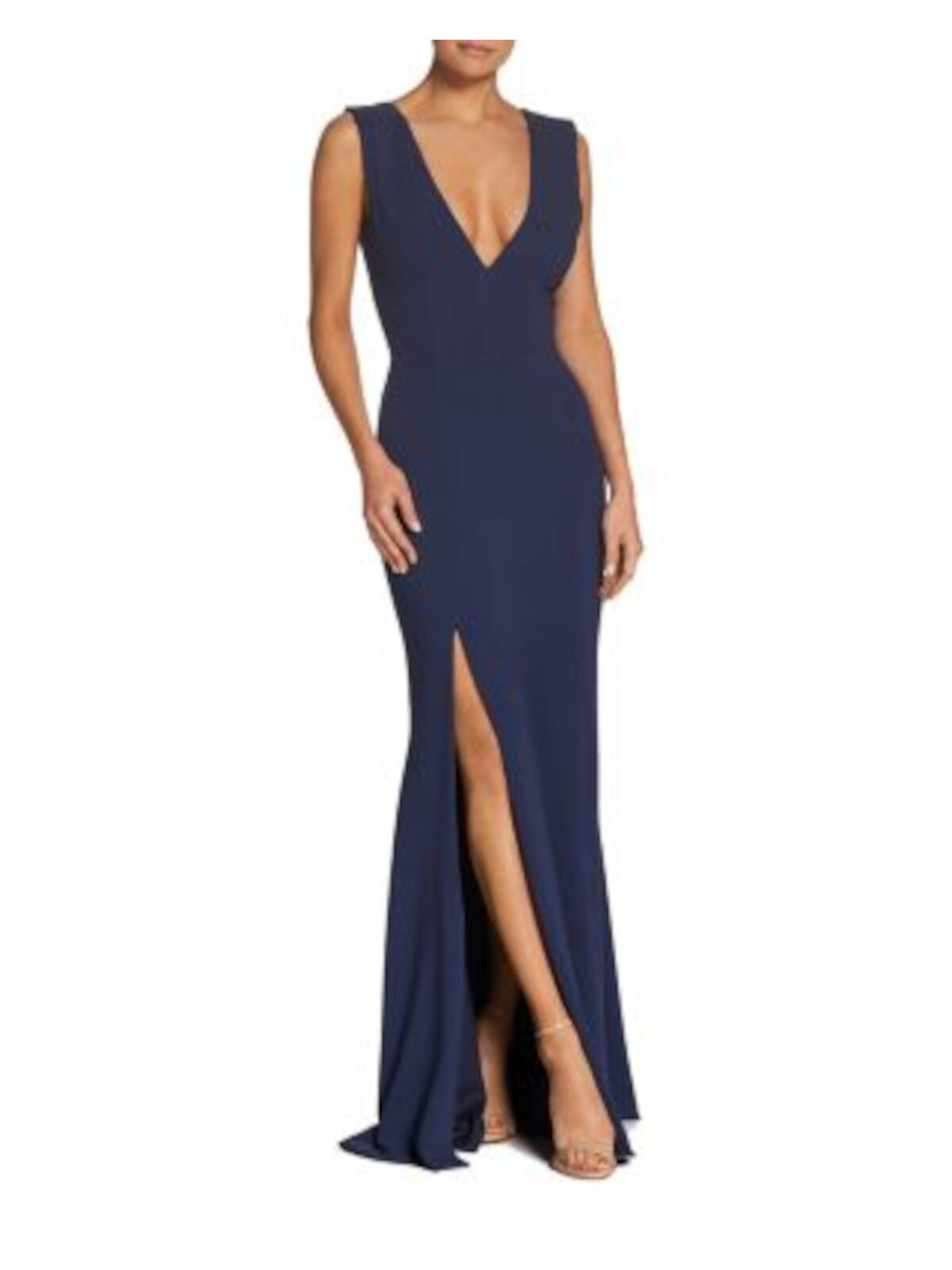 DRESS THE POPULATION Womens Navy Stretch Zippered High Leg Slit Lined Sleeveless V Neck Full-Length Formal Gown Dress XXS