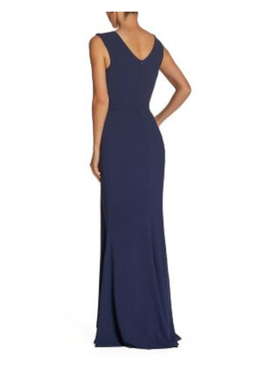 DRESS THE POPULATION Womens Navy Stretch Zippered High Leg Slit Lined Sleeveless V Neck Full-Length Formal Gown Dress XXS