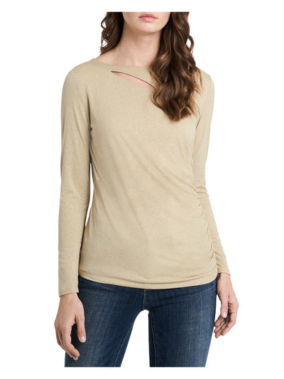 VINCE CAMUTO Womens Gold Cut Out Glitter Long Sleeve Crew Neck Top M