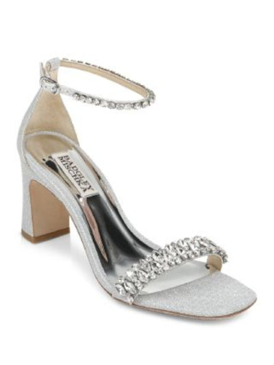 BADGLEY MISCHKA Womens White Textile Silver Metallic Crystal Embellished Straps Ankle Strap Padded Harriet Square Toe Block Heel Buckle Dress Sandals Shoes 7.5