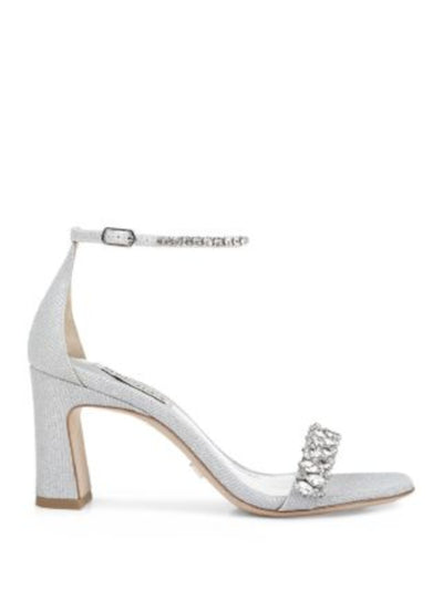 BADGLEY MISCHKA Womens White Textile Silver Metallic Crystal Embellished Straps Ankle Strap Padded Harriet Square Toe Block Heel Buckle Dress Sandals Shoes 7.5